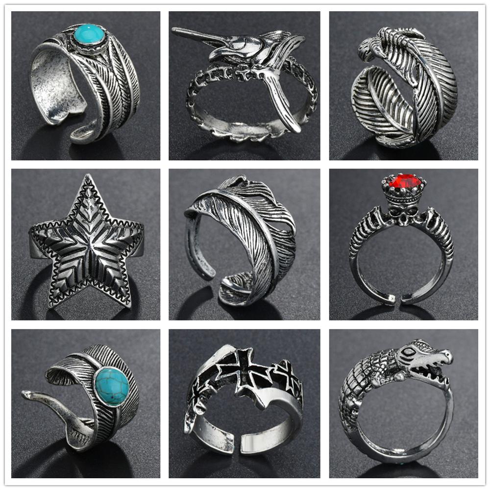 Anillo Retro de Cruz Punk para Hombre y mujer, pluma, piedra azul, estrella, Calavera, Animal, anillos que se abren ajustables, bisutería para Hombre Vintage