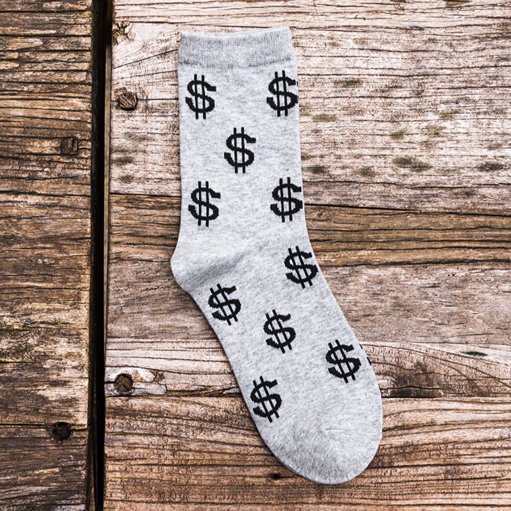 Forår efterår mænd drenge sokker dollar symbol trykt behagelig åndbar absorberer sved anti-skrid mellemlang sok: Lysegrå