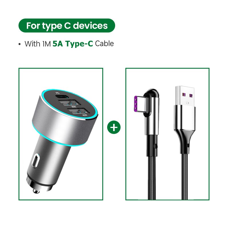 76w usb metal car charger,  qc 3,0 type-c pd quick charge 4,0 4,0 fast charging for iphone 12 11 , samsung 3,0 qc oneplus, huawei  p40.: Add 1m typec cables