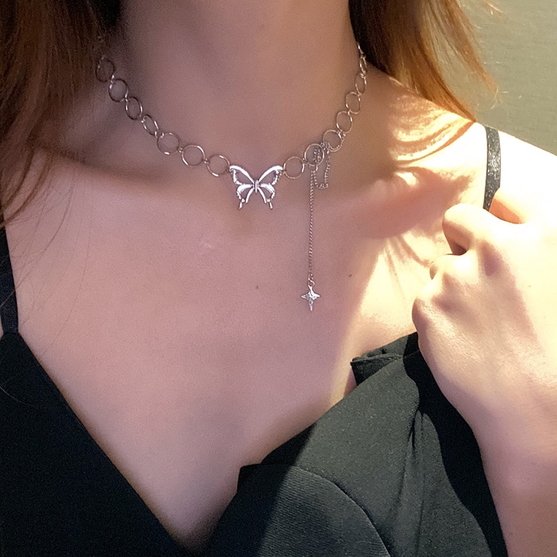 punk sommerfugl choker halskjede dame halsbånd gotisk hofte hopp rustfritt stål kjede stjerne anheng halskjede mujer smykker