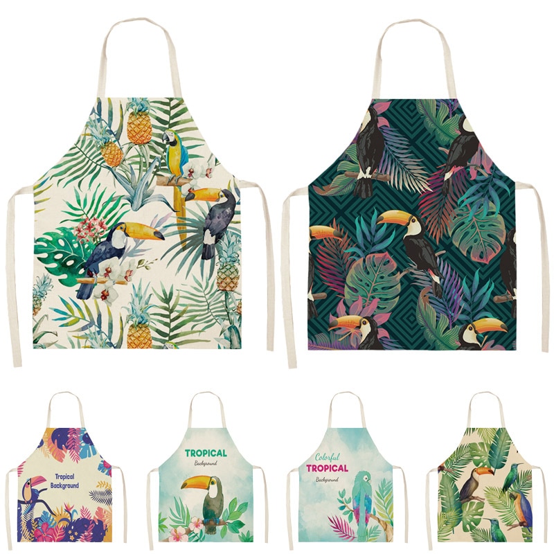 1Pcs Farbe Vogel Muster Reinigung Kunst Grün Schürzen Hause Kochen Küche Schürze Kochen Tragen Baumwolle Bettwäsche Erwachsene Lätzchen 53*65cm WQ0170