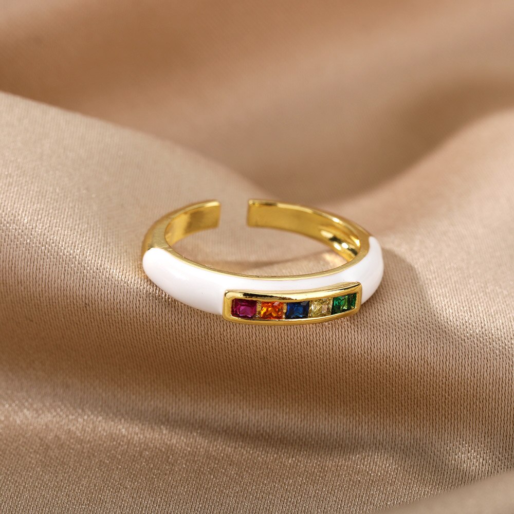 Rainbow Enamel Druipend Olie Zirkoon Ring Voor Vrouwen Rvs Goud Verstelbare Snoep Ringen Partij Sieraden Bijoux Femme: JZ2630G-3