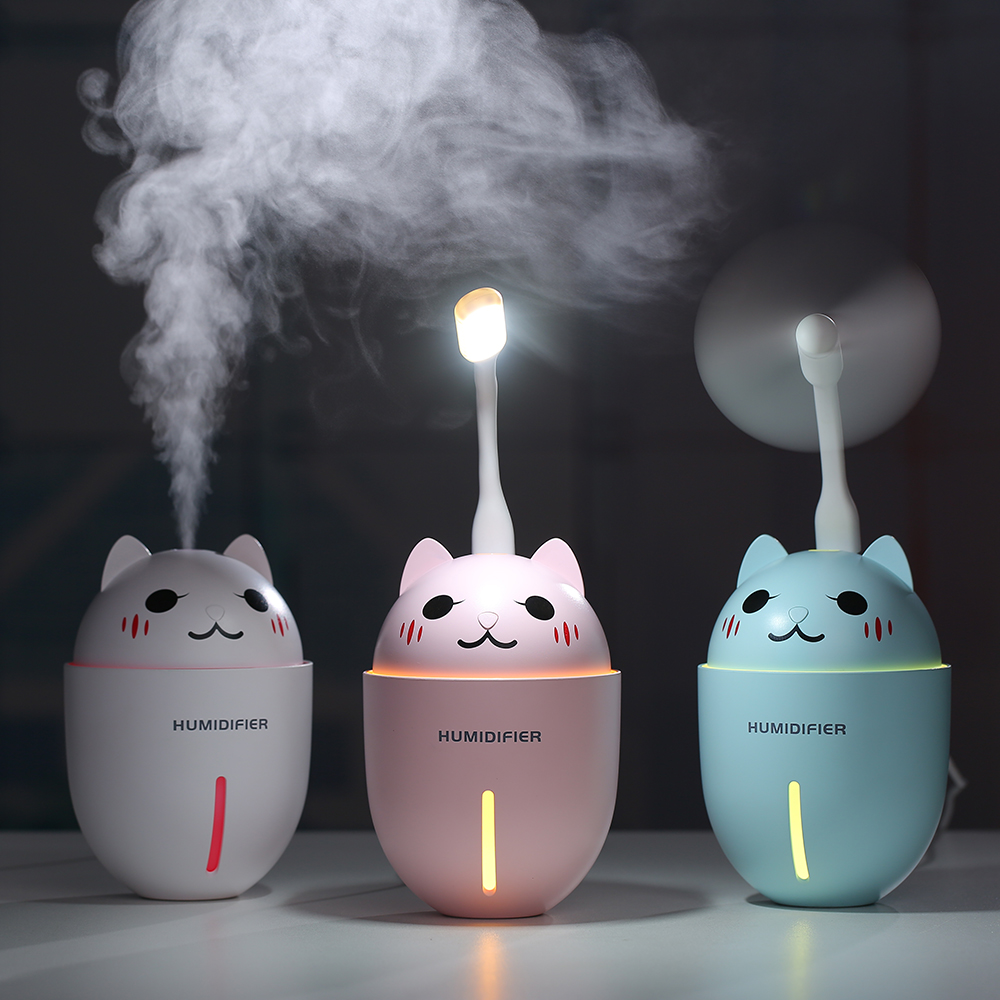 320ML 3D unieke Schattige katten Huisdier USB Luchtbevochtiger Ultrasone Cool-Mist Mini Luchtbevochtiger Met LED Licht Mini USB Fan 3 in 1