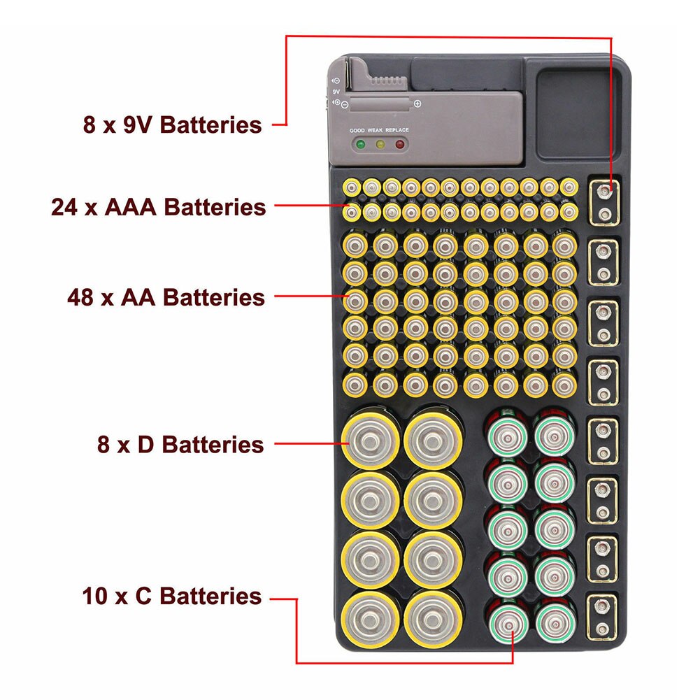 Battery Storage Organizer Holder Battery Caddy Rack Case Box with Tester JA55
