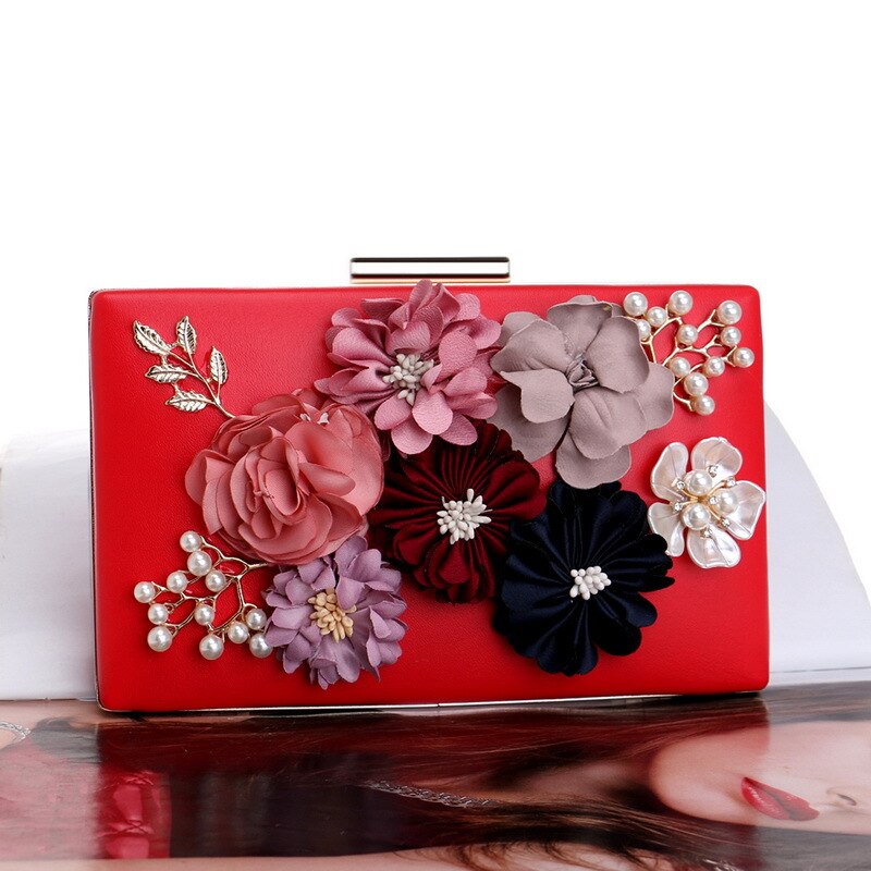 Dame blomstret farverig diamant kvinder clutch bryllup aftentaske håndtaske toiletartikler og pung skuldertaske fest crossbody tasker: Rød