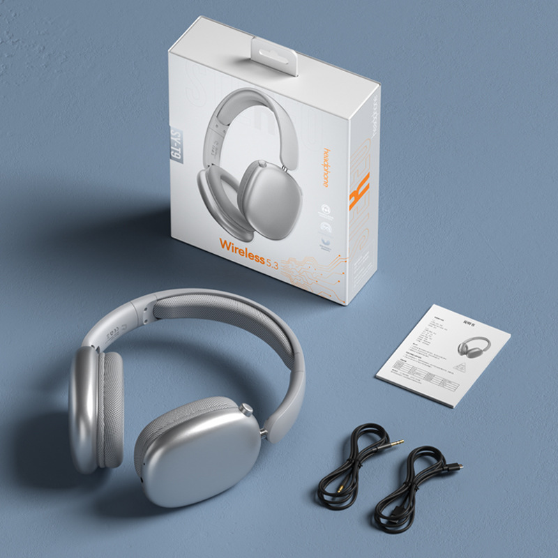 wireless head mounted Bluetooth earphones with no sound leakage, gaming phones, computers, noise cancelling earphones: Silver