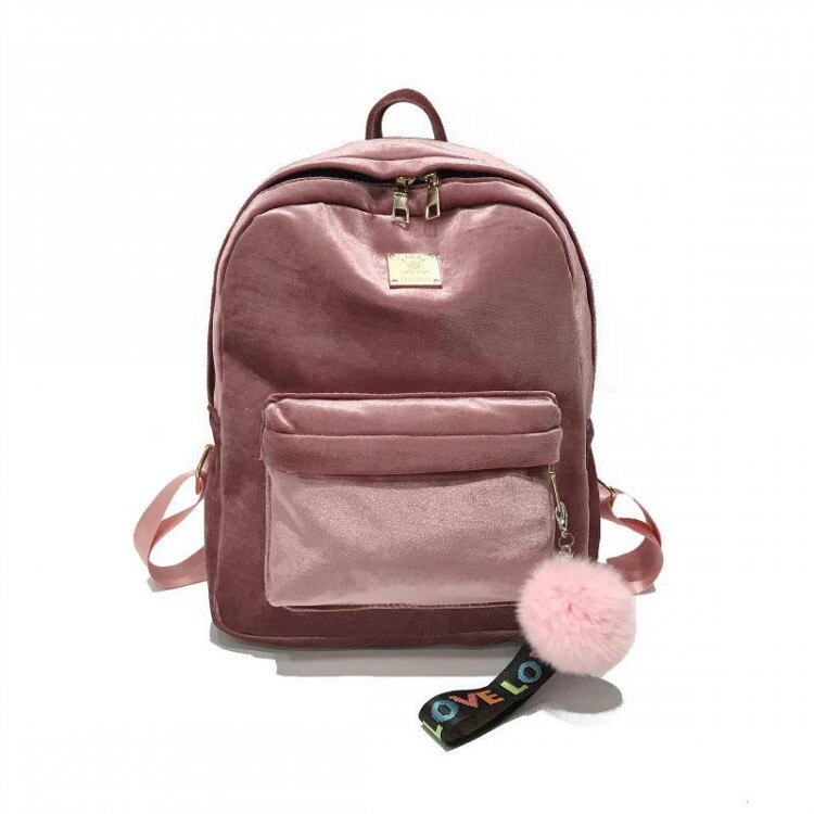 Women Backpack Velvet Ribbon Large School Bags for Teenage Girls Hairball College Backpack Bagpack Travel Bag Rucksack Mochila: Pink