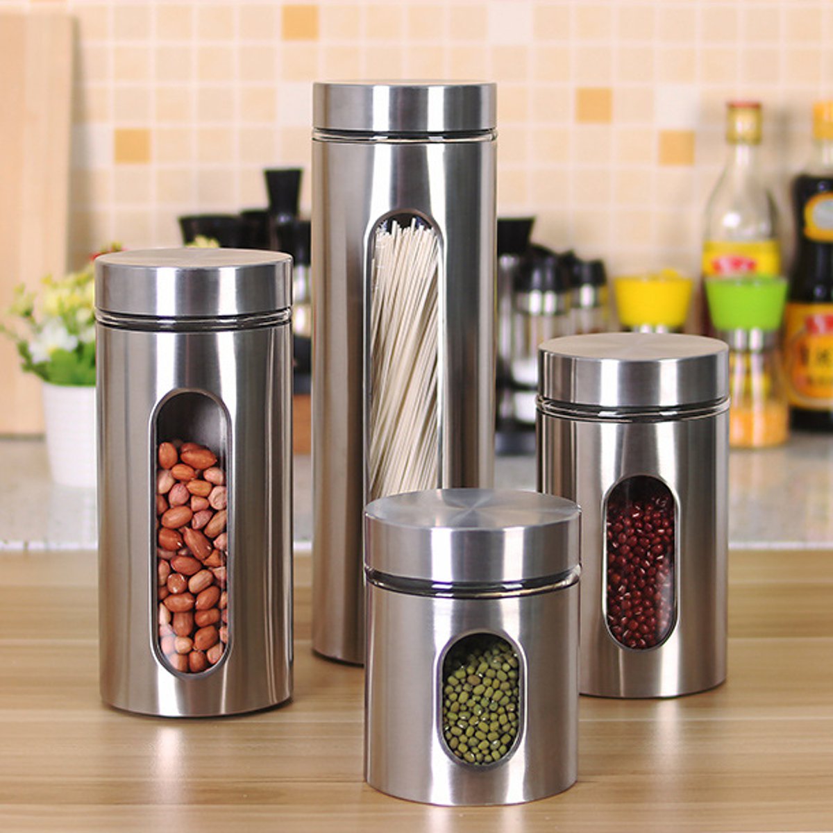 Rustfritt stål oppbevaringsboks krukke te kaffe sukker kjøkken glass beholder container kjøkken sortering arrangør