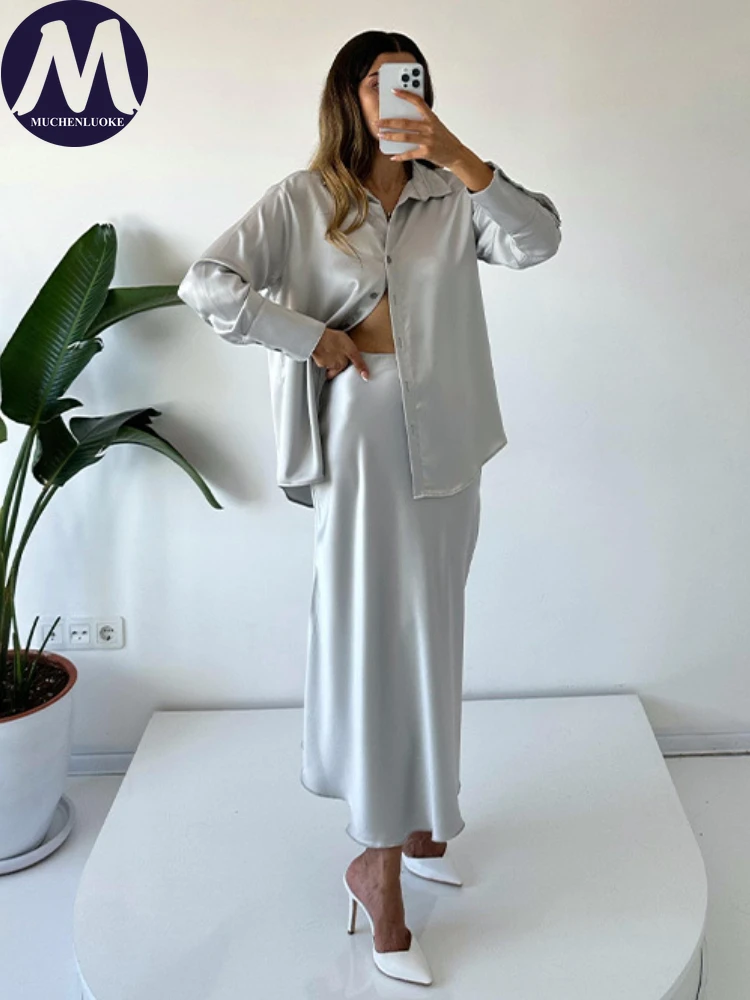 Women's Long Sleeve Shirt Tops Suits Slim Fit Large Swing Dress Set Casual Loose Spring Summer 2 Pcs