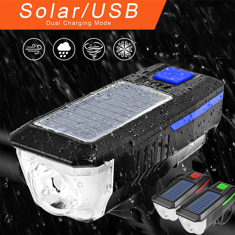 Zonnepaneel Mobiele Fiets Licht 3 Modes Usb Solar Charge 2 In 1 Bike Hoorn Licht Waterdichte Universele Led Verlichting koplamp