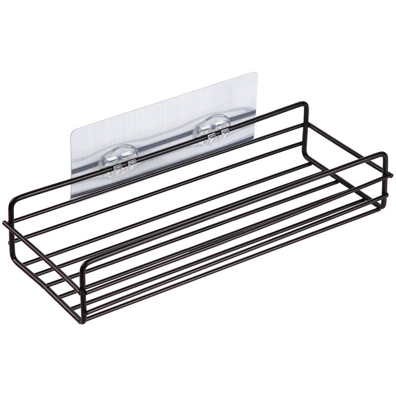 Estante de hierro para baño, soporte de pared para almacenamiento de champú, sin perforaciones, para cocina y ducha: Long Black
