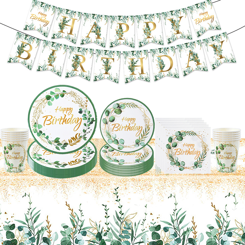 Green Eucalyptus Leaf Disposable Tableware Set Paper Plate Cup Napkin Kids Adult Birthday Supplies Hawaiian Summer Party Decor