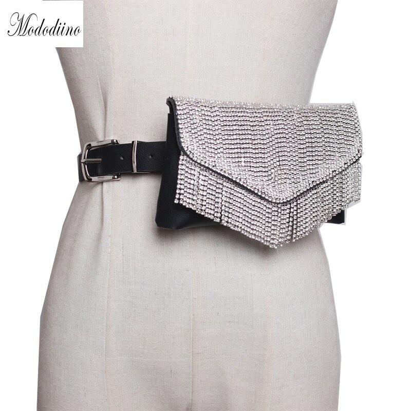 Mododiino Woman Waist Bag Tassel Belt Bags Fanny Pack Brand Belt Packs Handy Bling Rhinestone Phone Envelope Bag DNV0883