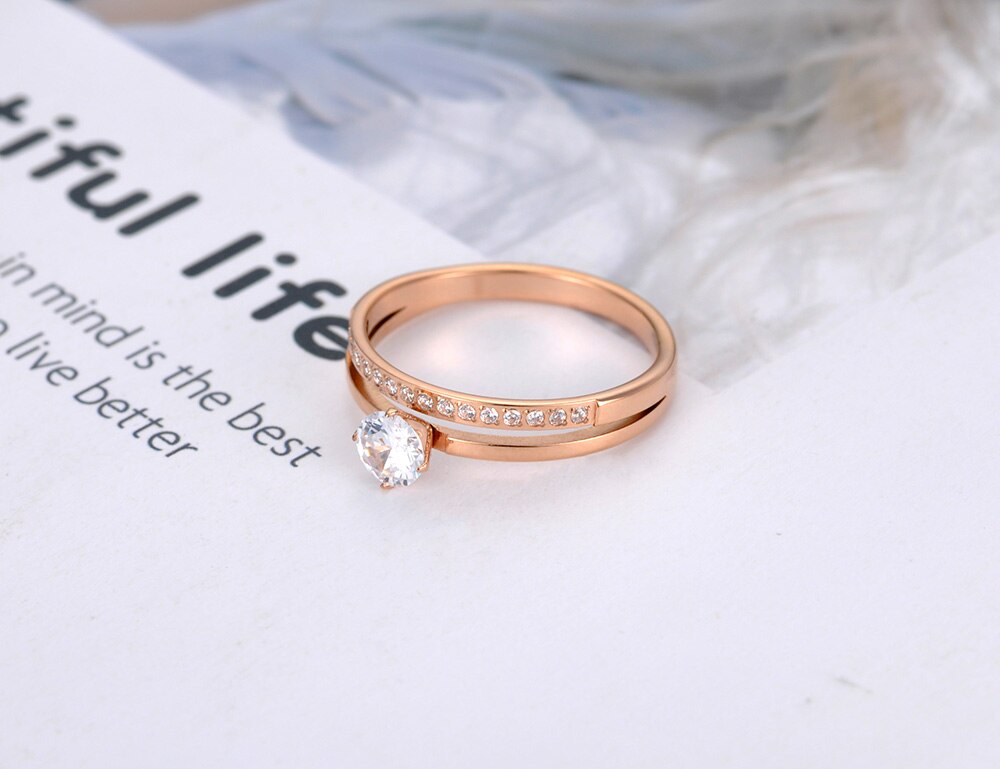 JeeMango Sparkling Titanium Stainless Steel Wedding Ring Jewelry Rose Gold Mosaic CZ Crystal Party Ring For Women JR19155