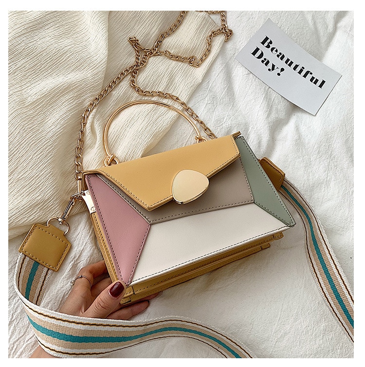 Contrasterende kleuren pu leren crossbody tassen voor dames ketting handtassen met metalen handvat schoudertas kleine tassen