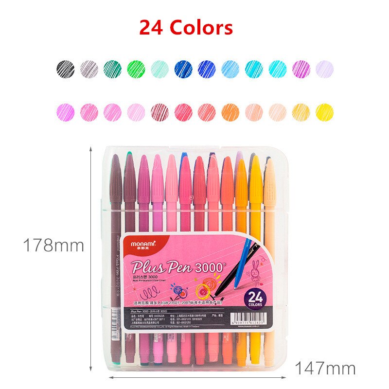 Monami Plus Pen 3000 water Color Pen set Water based Fiber Nib Gel Pen 12/ 24/ 36/48 colors set: 24 colors set