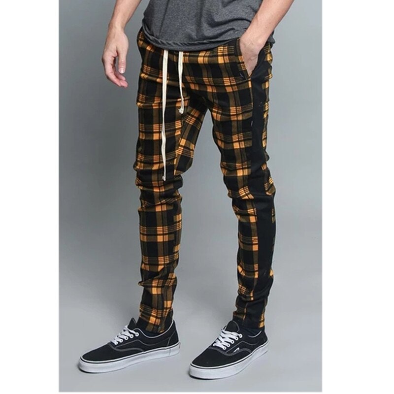 Frühling lässig Knöchel-Länge Plaid Hosen männer Hosen Moden Streetwear Jogger Männer Jogginghose schlank passen Karierten Hosen: M / Gelb