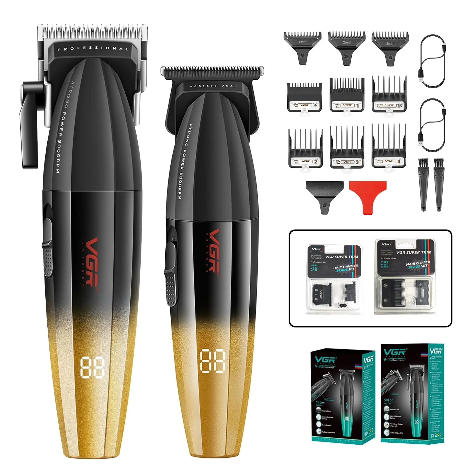 Vgr 003 906 profissional fade máquina de cortar cabelo sem fio aparadores para homens conjunto carga usb display led kit corte cabelo