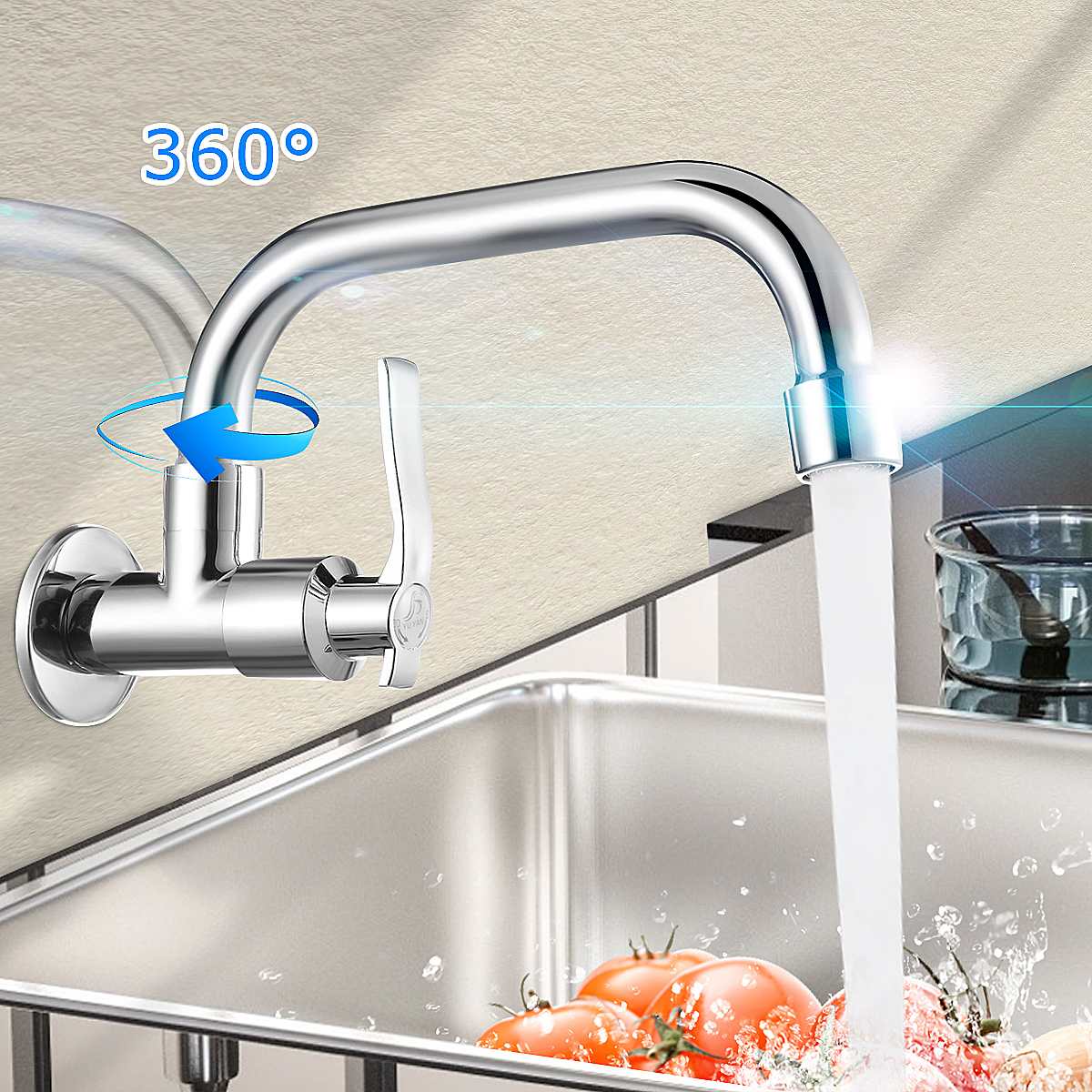 Copper Wall Mount Kitchen 360 Rotating 20cm Basin Sink Faucet Single Handle Cold Tap Basin Sink