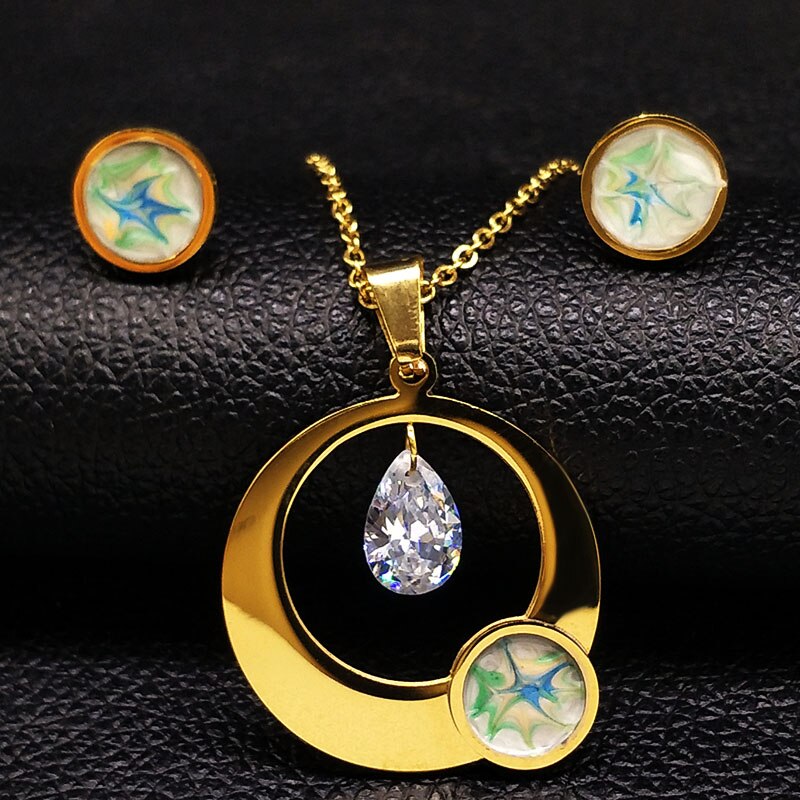 ! Conjuntos de joyas de cristal y acero inoxidable para mujer, collar con pendientes de Color dorado, conjuntos de joyas de Dubái, pendientes para mujer S178485