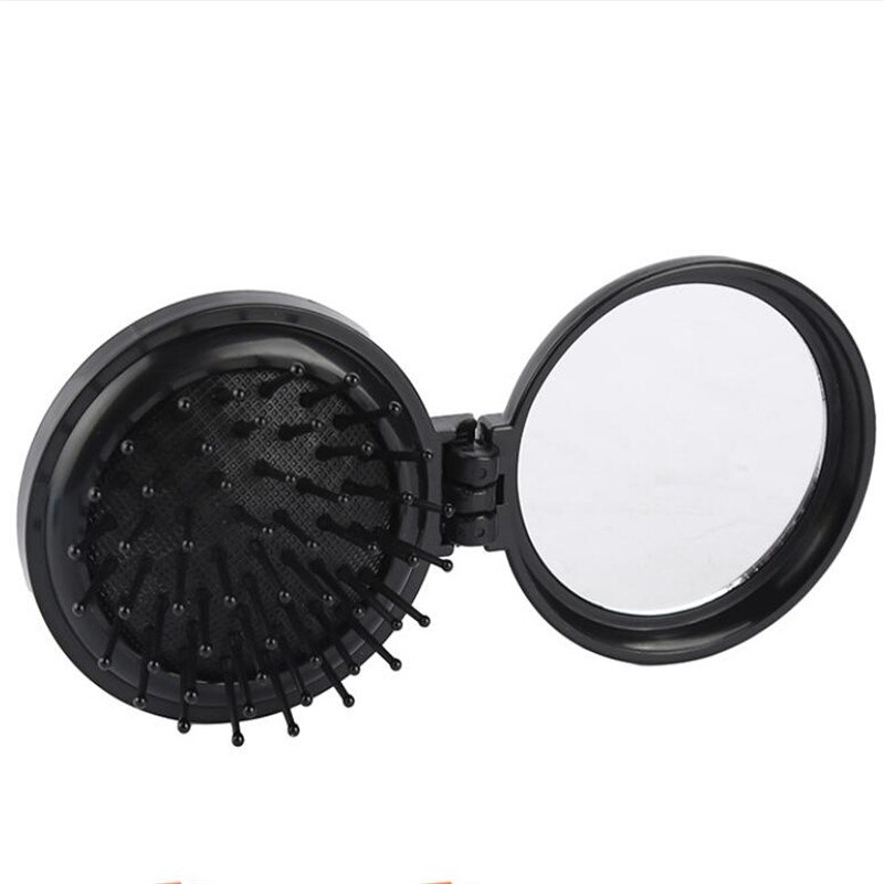 Mini peine plegable portátil para niñas, cepillo de pelo redondo de viaje para masaje con espejo, accesorios de plástico para el cabello, brochas: Black