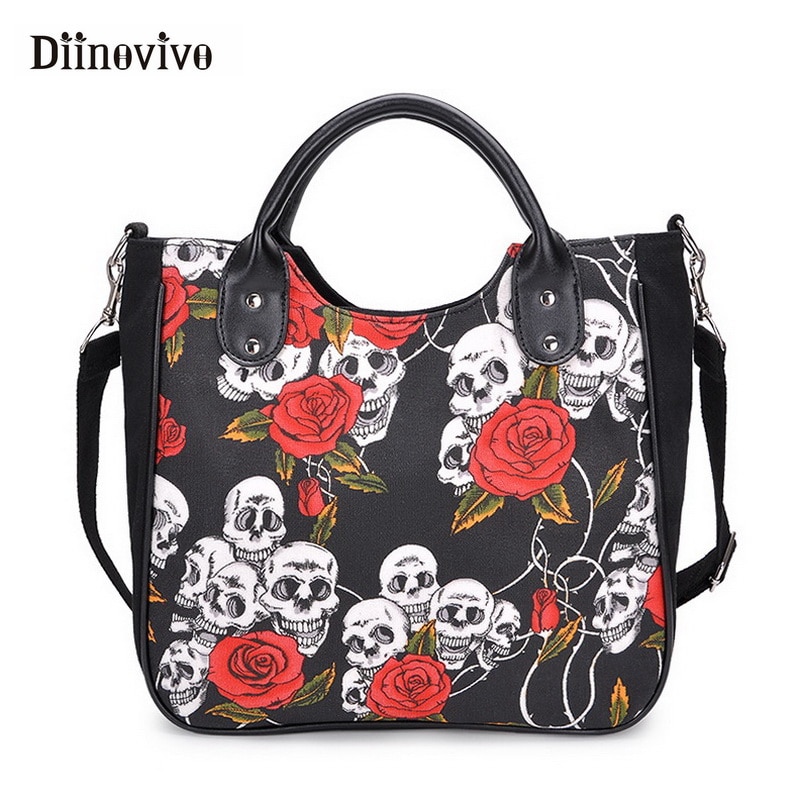 DIINOVIVO Gothic Women Handbag Skull Rose Canvas Big Bag Ladies Hand Bags Special Handbags WHDV0883