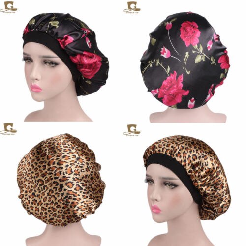 Women Satin Night Sleep Cap Hair Bonnet Hat Silk Head Cover Print Wide Elastic Band