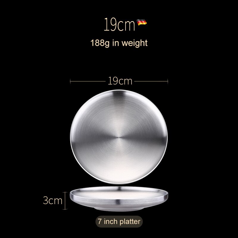 304 Roestvrij Stalen Ronde Steak Plaat Lade Single Layer Salade Fruit Ontbijt Steak Lade Bbq Servies Schotel: 19 cm