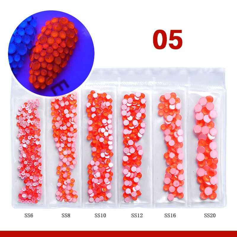 Diamantes de imitación fluorescentes para decoración de uñas, gemas de neón de tamaño mixto, arte de uñas, diamantes 3D, decoraciones DIY, 6 rejillas: 05 Red