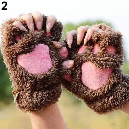 Vrouwen \ 'S Beerpoot Fluffy Pluche Handschoen Winter Half Bedekt Zachte Badstof Wanten