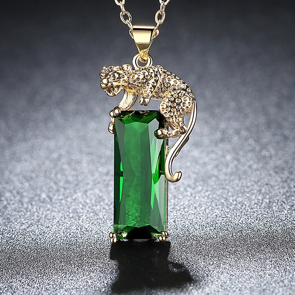 Geometrische Vierkante Groene Steen Hanger Ketting Goud Kleur Leopard Animal Kettingen Voor Mannen Vrouwen Mode-sieraden