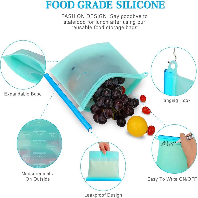 Extra Large 4000ml Silicone Food Saver Bags Reusable Silicone Food Storage Bag Sandwich, Liquid, Snack, Meat, Vegetable