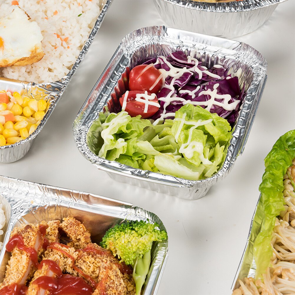 Bandeja de aluminio rectangular desechable para alimentos, recipiente molde para hornear con tapa para barbacoa, contenedor de alimentos, accesorios para barbacoa, 50 Uds.