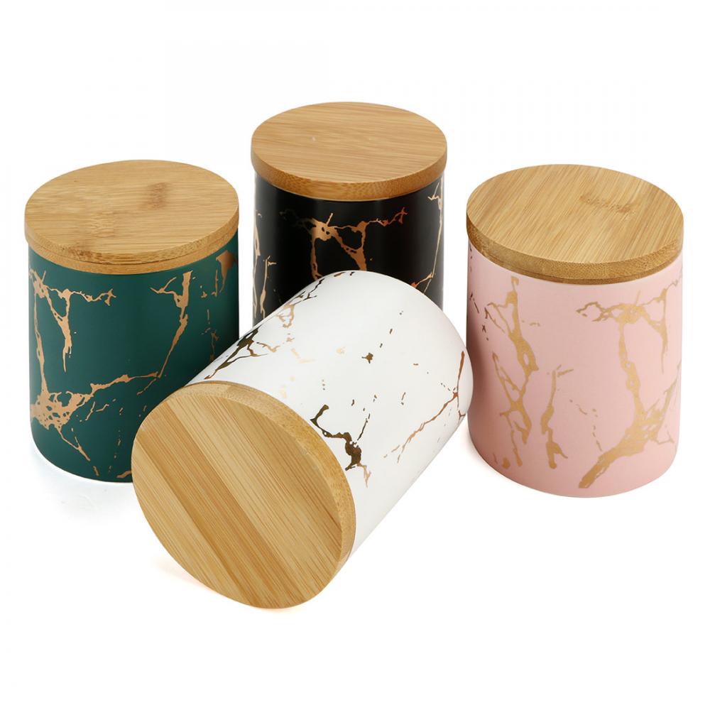 Marble Pattern Ceramic Storage Bottles Jars With Wooden Cover Sugar Shaker Spice Jar Kitchen Accessories Ceramics Storage Jar