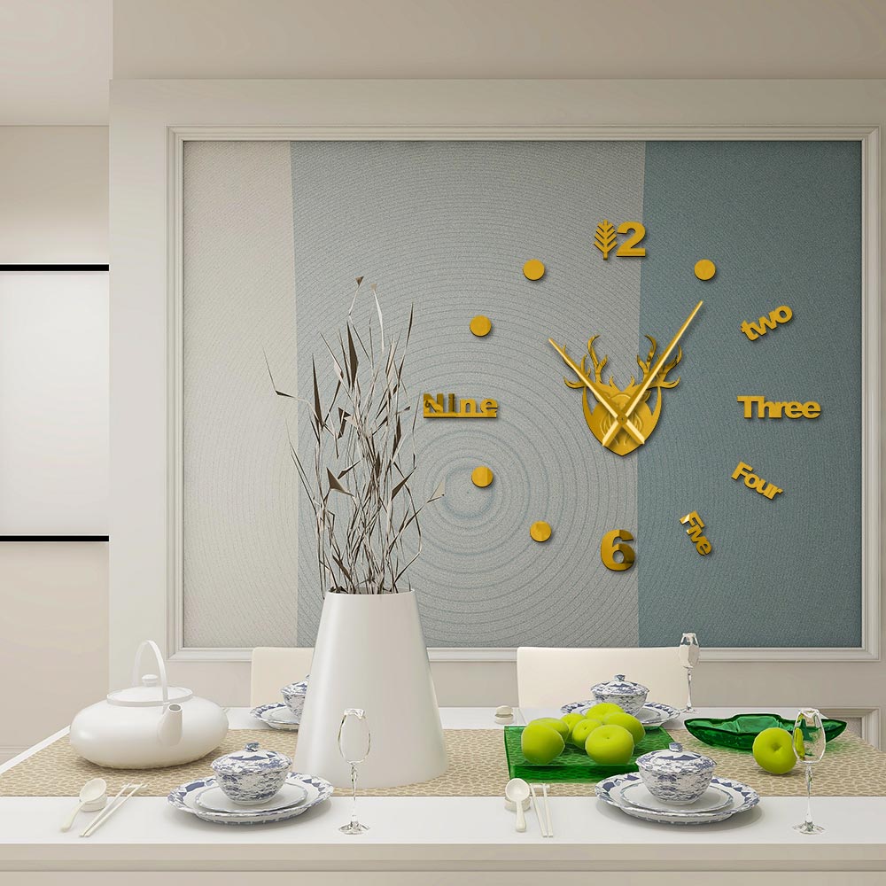 Cerf wapiti tête 3D silencieux Quartz horloge murale bois Animal chasseur miroir effet Stickers muraux pour salon grande montre