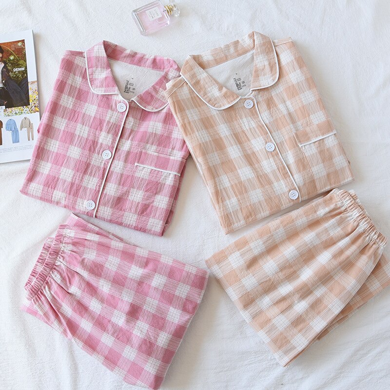 Conjunto de 2 unids/set de pijamas para hombre y mujer, pantalones y Tops finos de manga larga, traje de Pijama largo a cuadros, ropa de dormir para pareja, primavera, verano y otoño