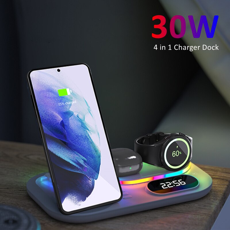 Time Display LED Wireless Charging Station 30W 4 in 1 Wireless Charger For Samsung Galaxy S22/S21 Flip 3 Watch 4/Buds Iphone 13