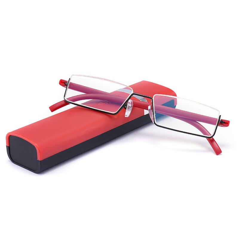 Glausa óculos de leitura tr90 de aço inoxidável, unissex meia armação antirreflexo, espelho óptico para presbiopia, estojo para óculos: Red with case / +150