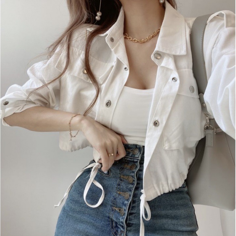 Ensfarvede jakker til kvinder i koreansk stil crop tops shirring enkeltradede knaplommer afslappet all-match daglig efterårs chic