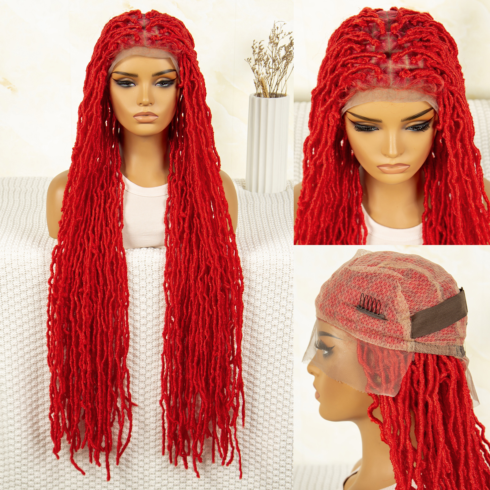 Pelucas trenzadas de caja roja, peluca trenzada de encaje completo, peluca con trenzas de ganchillo para mujer, peluca de encaje de 36 pulgadas, peluca trenzada trenzada sin nudos: #1B