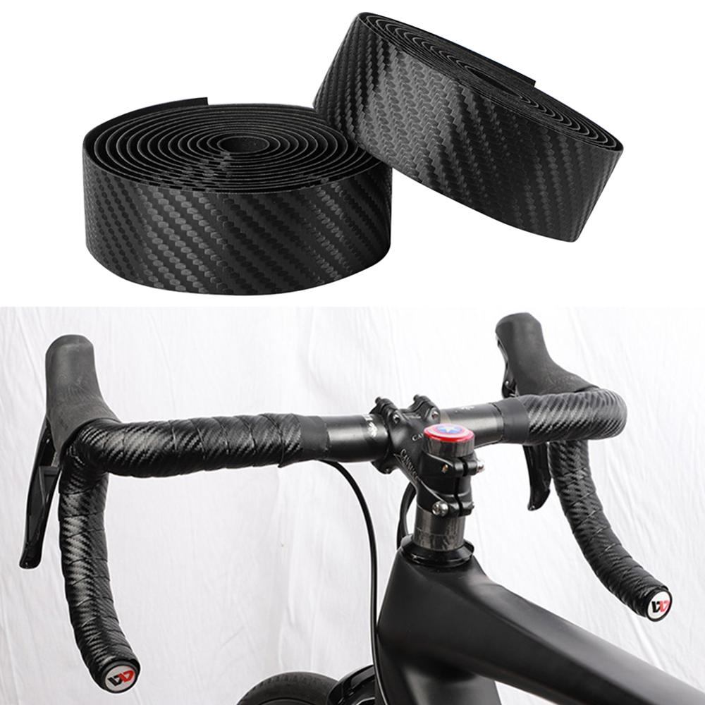 2 pièces vélo de route guidon sangle résistant à l'usure en cuir PU carbone impression barre de vélo poignées envelopper ensemble de ruban accessoires de vélo: black
