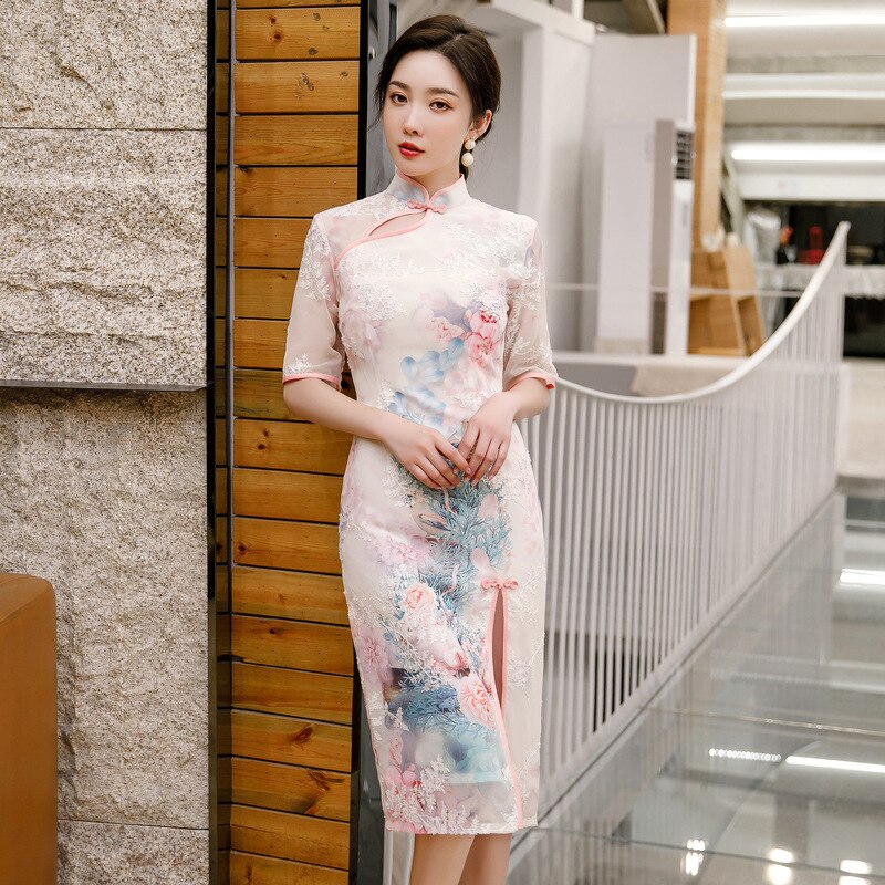 FZSLCYIYI-vestidos de estilo chino tradicional para mujer, vestido de media manga hasta la rodilla con estampado de qipao