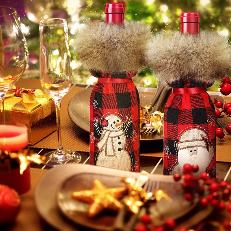 6 Stuks Kerst Buffalo Plaid Wijnfles Cover Decoratieve Wijnfles Trui Met Faux Bontkraag Holder Tassen