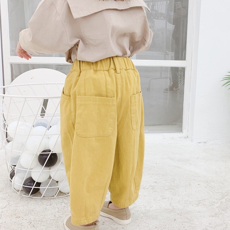 Pantalon en coton et lin pour bébé fille et garçon, ample, décontracté, avec poche, couleur unie, jaune