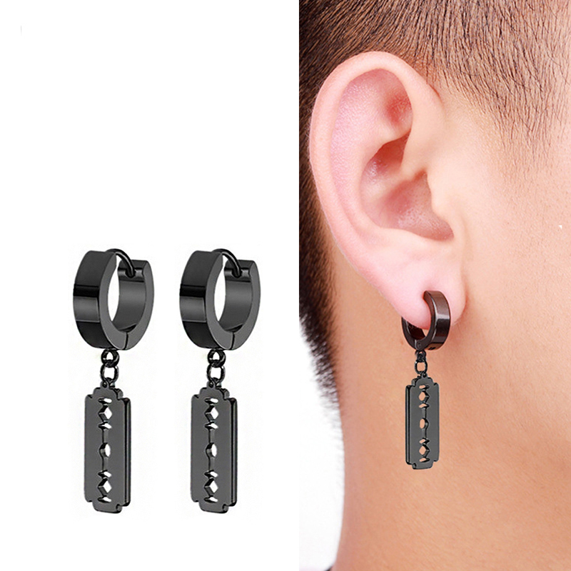 Pendientes de daga de Color negro y plateado para hombre, pendientes de aro con calavera y hoja de espada de acero inoxidable, joyería de tatuaje de roca a la