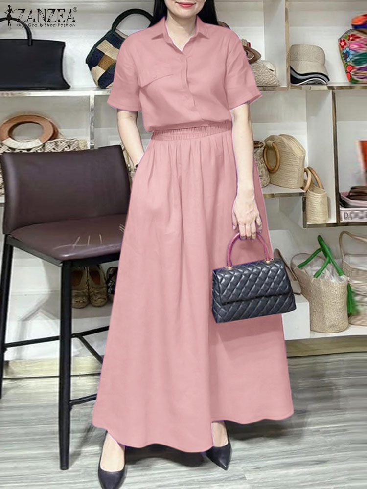 2PCS Outfits Summer Women Dress Sets ZANZEA Solid Work Matching Sets Short Sleeve Shirt Maxi Long Skirt Suit: S / Pink