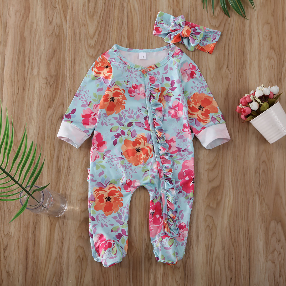 Leuke Pasgeboren Baby Meisjes Jongens 0-6M Footies Bloemenprint Lange Mouwen Ruches Single Breasted Playsuit Hoofdband Kleding outfits