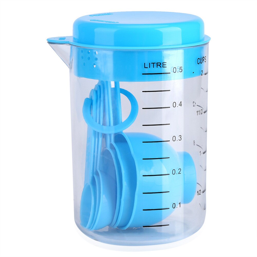 1 pc Messbecher und 6 stücke Messlöffel Scoop einstellen PVC Griff Küche Sauerei Werkzeug Küche Löffel für Gewürze backen Gerät: Himmel Blau