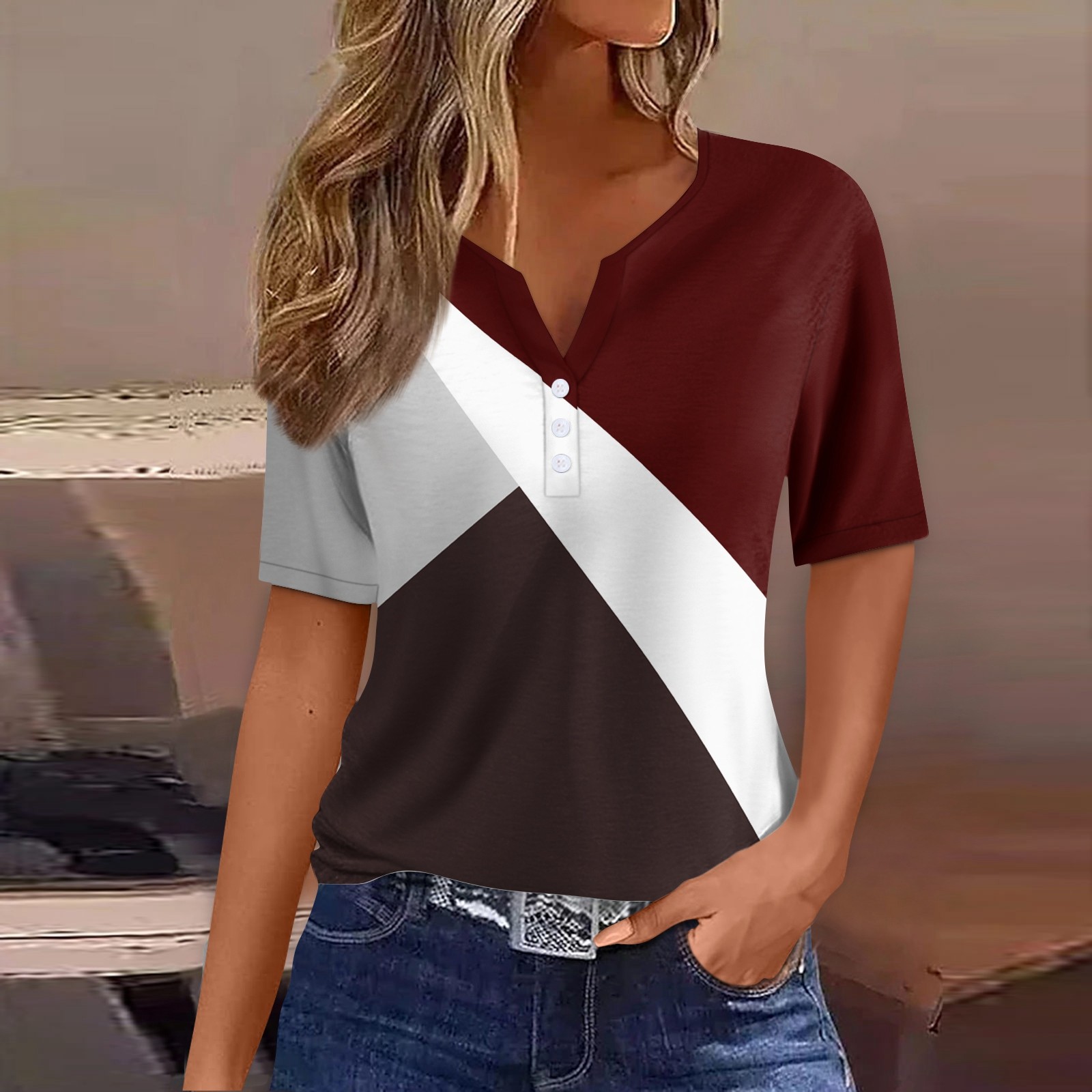 T-shirt à col en V pour femmes, haut décontracté, imprimé rayé, streetwear, t-shirts pour femmes, vêtements d'été,: XL / Malachite bleu