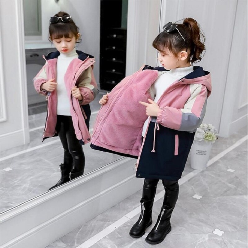 Winter Mädchen Mantel Plus Samt Verdicken Warme Windjacke Jacke Für freundlicher Outwear Lange Patchwork Farbe Jacke Für Mädchen 4-13Y